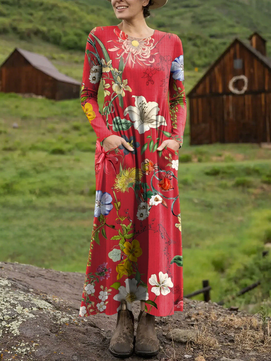 Women's Retro Floral Pattern Art Print Long-sleeved Dress