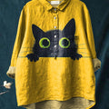 Lovely Black Cat Graphic Printed Women's Casual Cotton And Linen Shirt