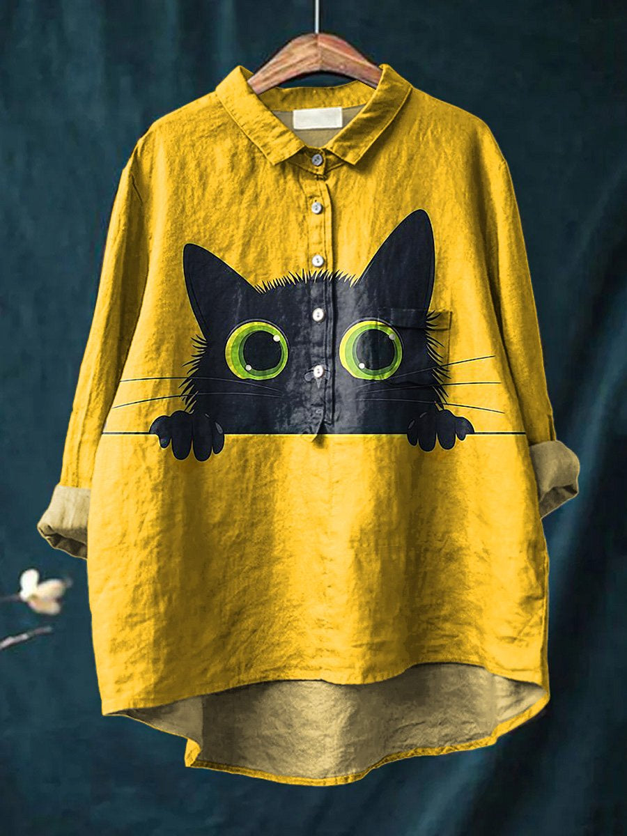 Lovely Black Cat Graphic Printed Women's Casual Cotton And Linen Shirt