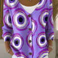 Purple Circle Print Buttoned V-neck Cardigan Sweater