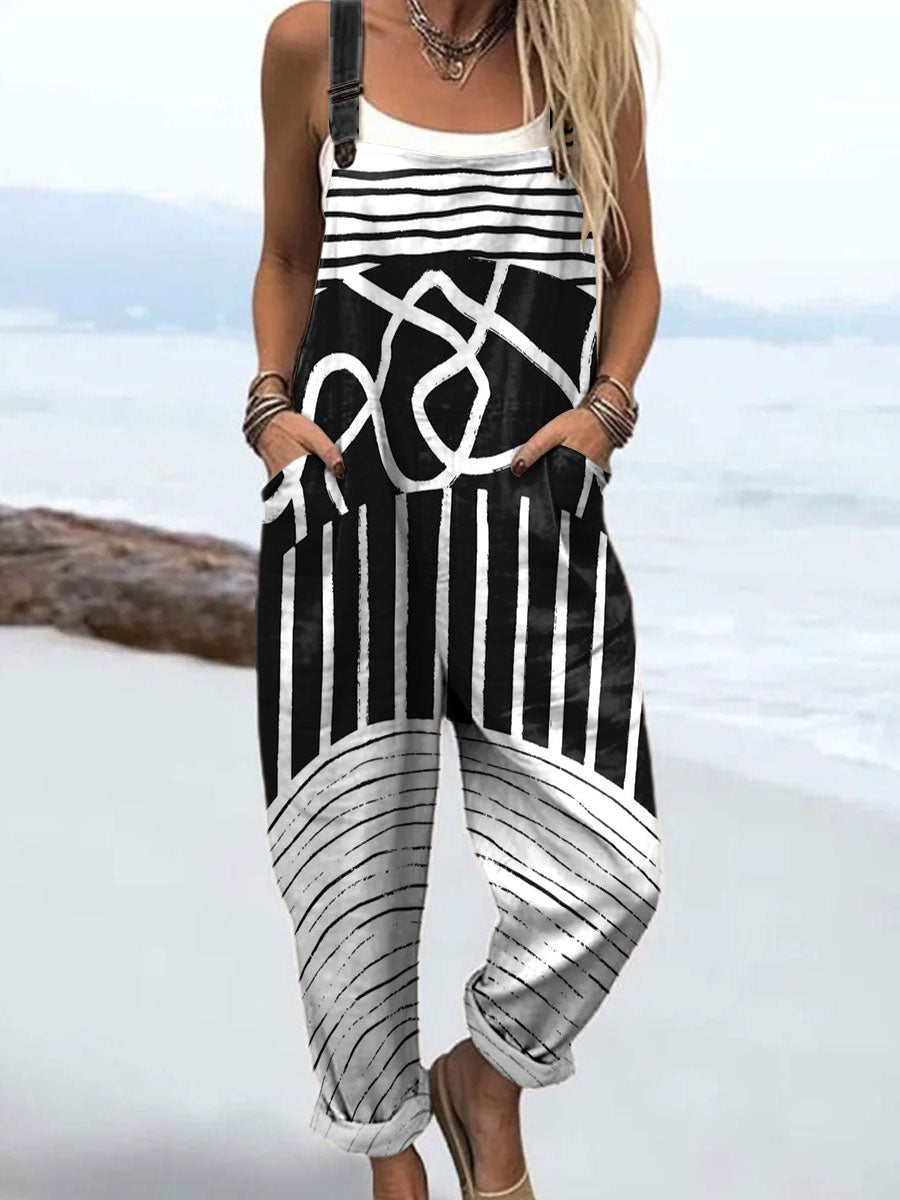 Women's Abstract Stripes Geometric Art Print Casual 100% Cotton Wide Leg Jumpsuit