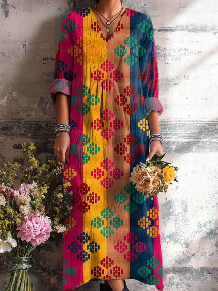 Women's Vintage Ethnic Diamond Geometric Colorful Stripe Art Print Dress