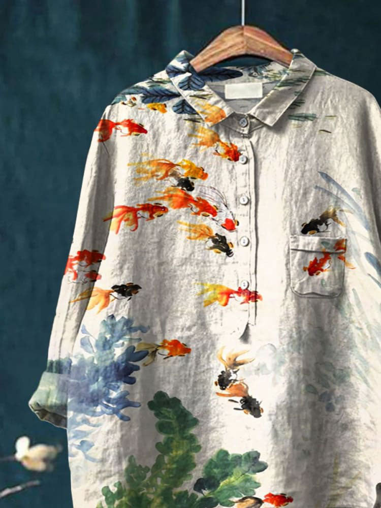 Women's Fish Art Print Casual Cotton And Linen Shirt