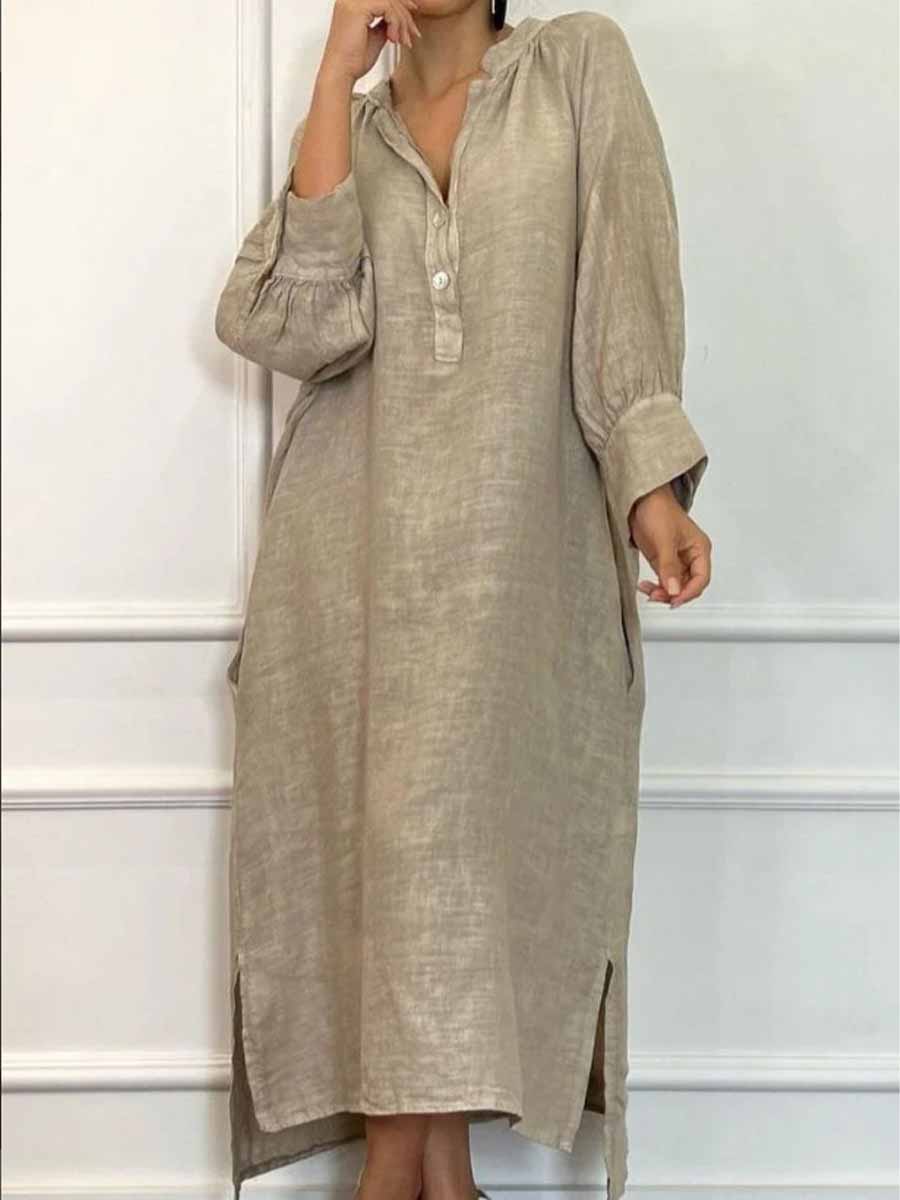 Women's Solid Color Loose Casual Pockets Cotton And Linen Long Dress