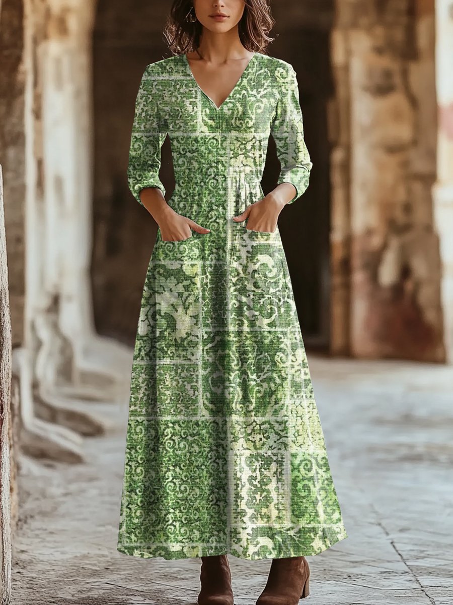 Women's Vintage Floral Art Print Pocket Cotton Dress