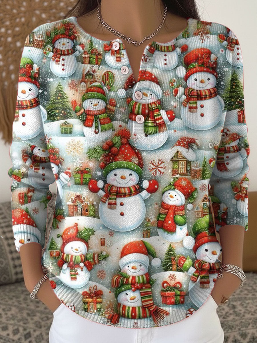 Vintage  Christmas Snowman Art Print Buttoned Cardigan Sweater
