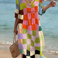 Bohemian-style Color-block Plaid Art Print Cotton-linen Dress