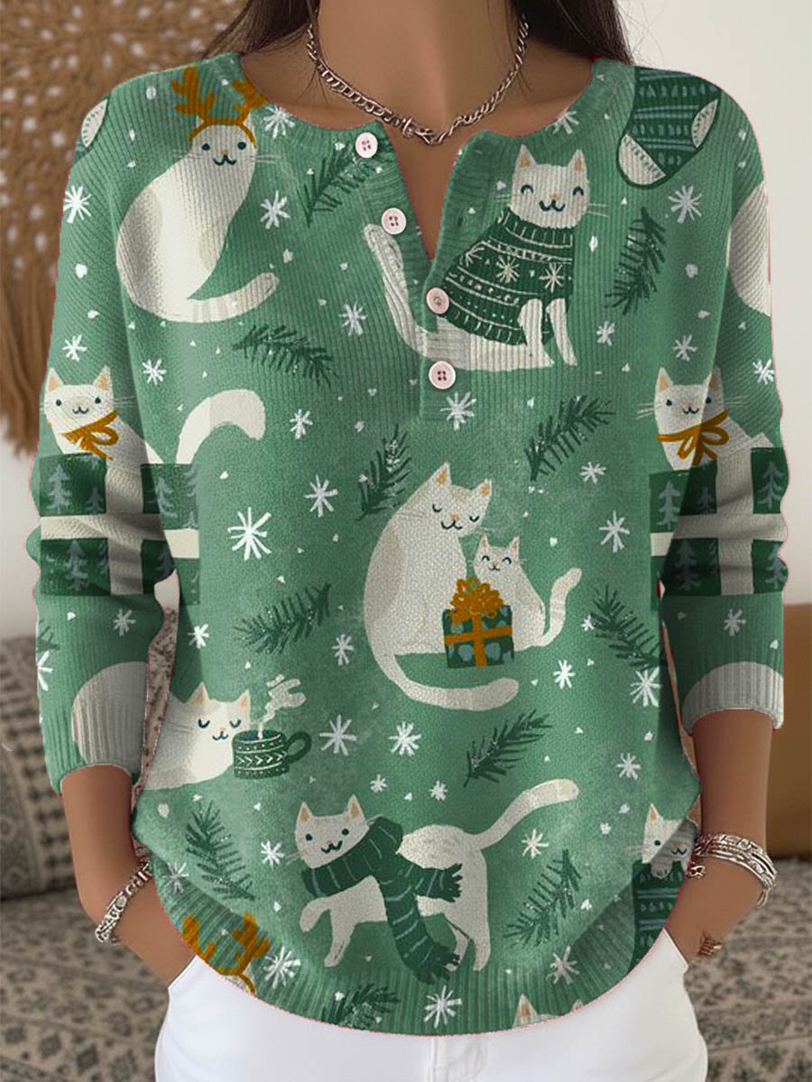 Women's Lovely Christmas Cats Art Print Buttoned Cardigan Sweater