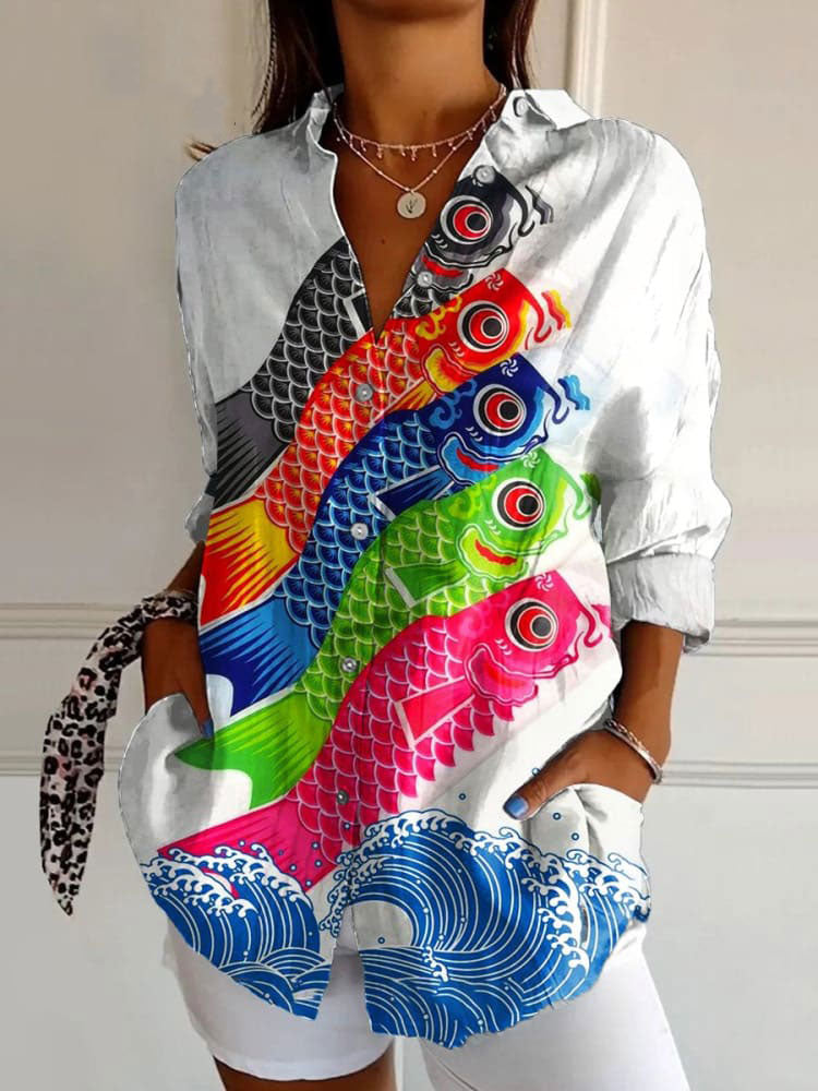 Women's Fish Art  Print Casual Cotton Shirt