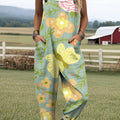 Women's Colorful Large Flowers Butterfly Painting Art Print Casual 100% Cotton Wide Leg Jumpsuit