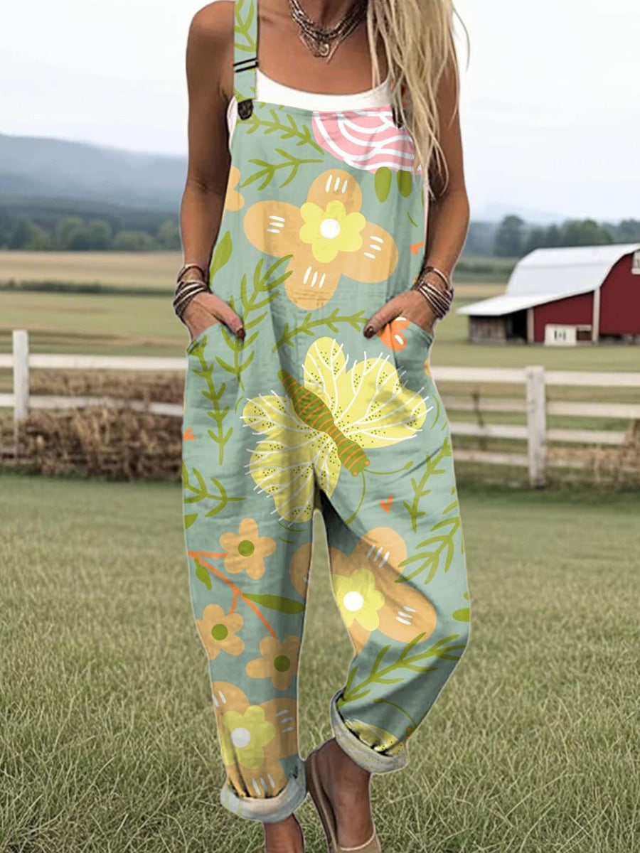 Women's Colorful Large Flowers Butterfly Painting Art Print Casual 100% Cotton Wide Leg Jumpsuit