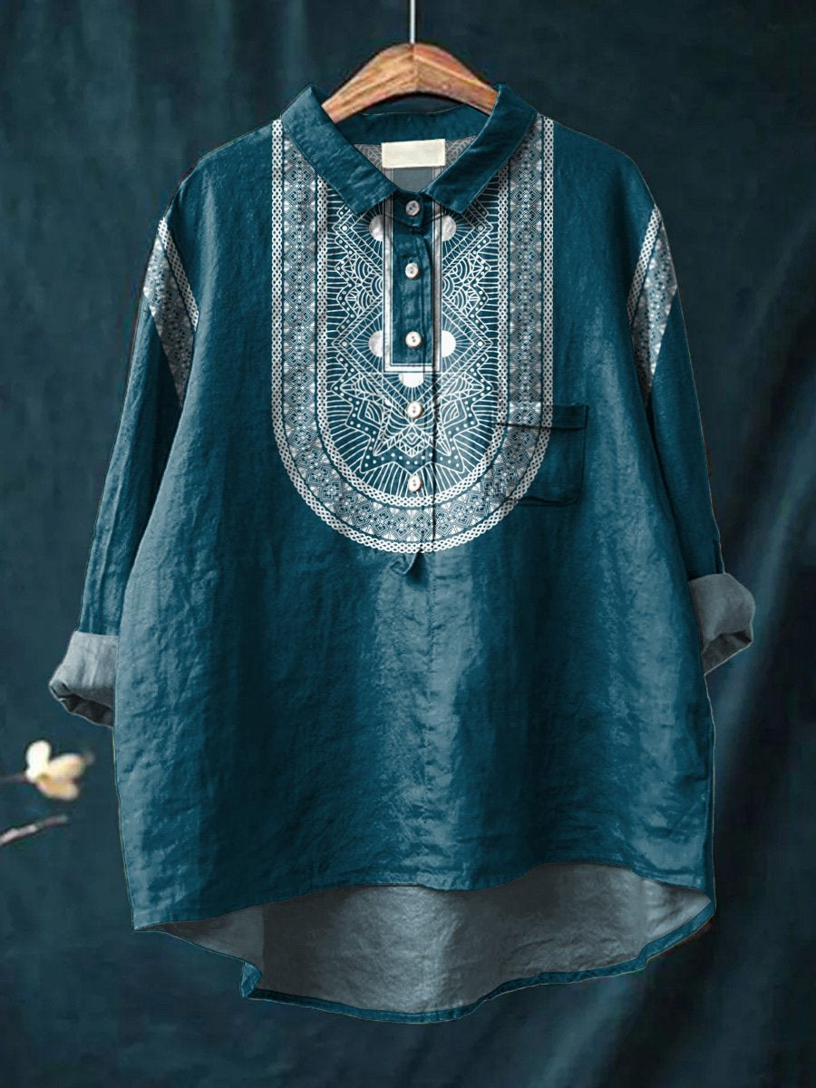 Ethnic Style Geometric Pattern Printed Women's Casual Cotton And Linen Shirt