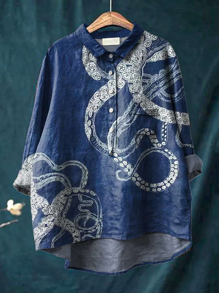 Japanese Style Octopus Tentacles Art Printed Women's Casual Cotton And Linen Shirt