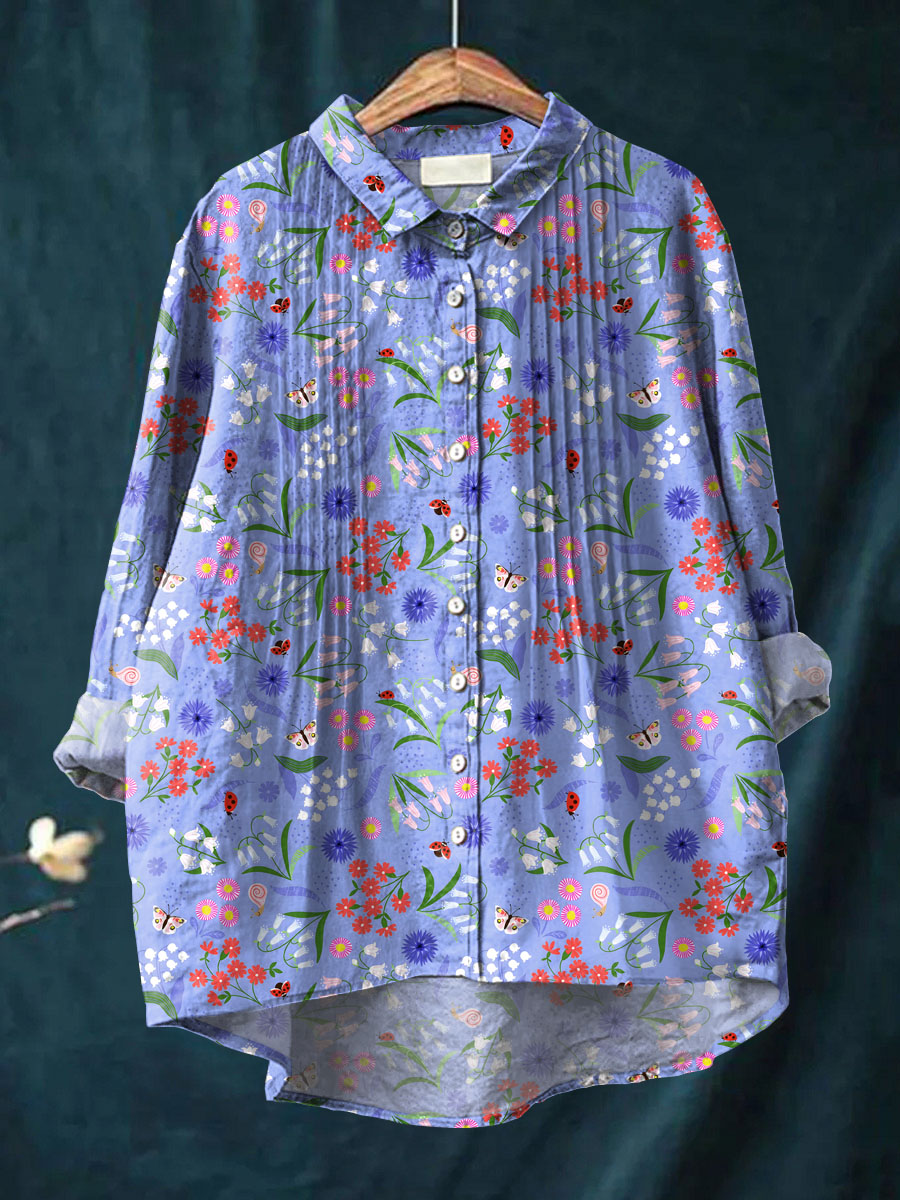 Women's Vintage Floral Art Print Casual Cotton And Linen Ruffle Shirt
