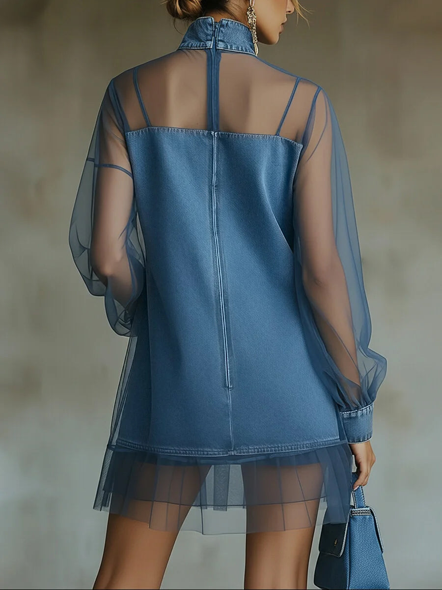 Fashionable Patchwork Organza Denim Mini Dress