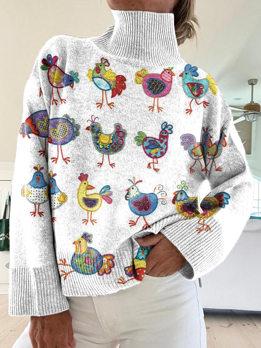 womens-lovely-chicken-pattern-art-print-knit-turtleneck-pullover-sweater-thk2
