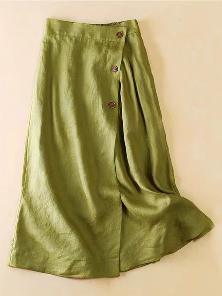 Women's Solid Casual Linen A-Line Button Skirt