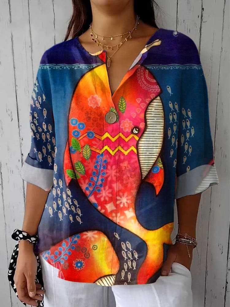 Women's  Fish  Art Print Casual Cotton Linen Shirt