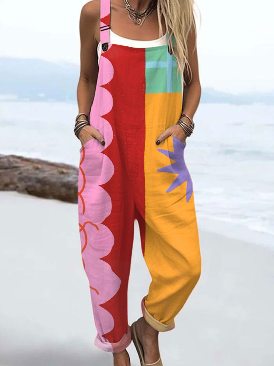 Women's  Vintage Abstract Geometric Art Print Casual 100% Cotton Wide Leg Jumpsuit