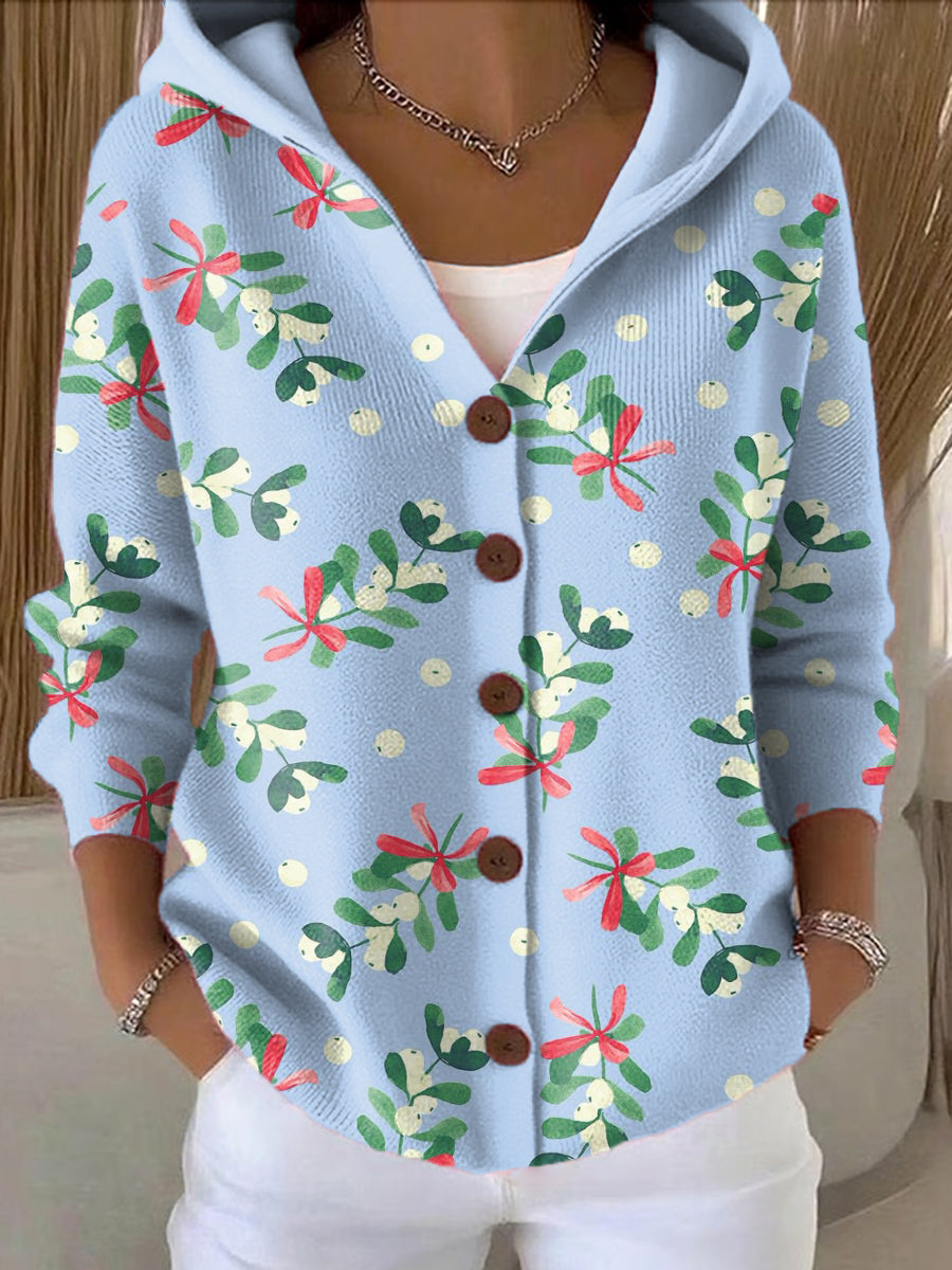 Women's Bouquet Printed Casual Hooded Button Sweater