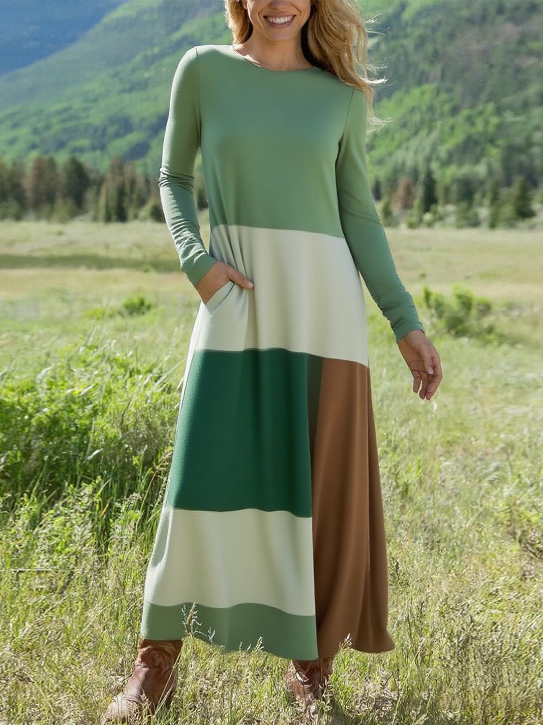 Women's Bohemian Color Block Stretch Dress