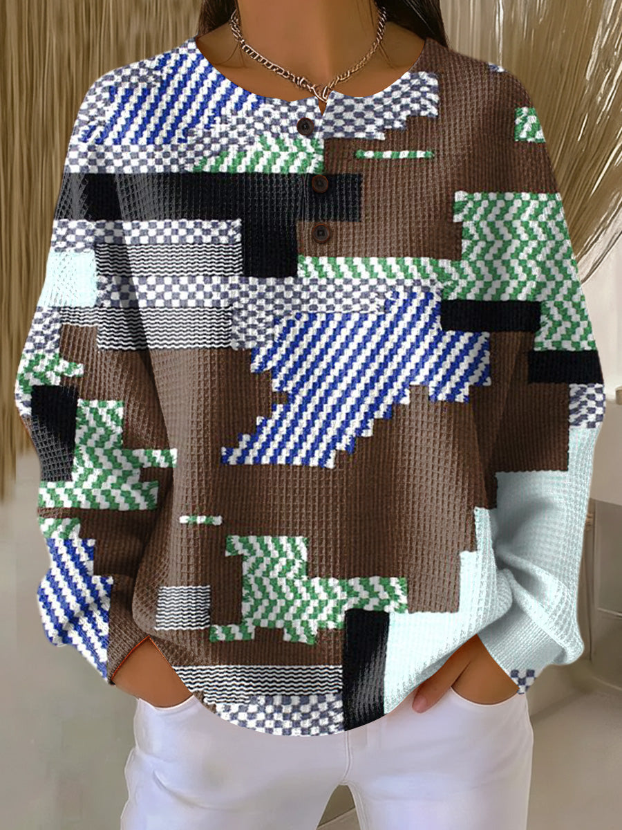 Women's Abstract Geometric Patchwork Art Print Casual Cotton Sweatshirt