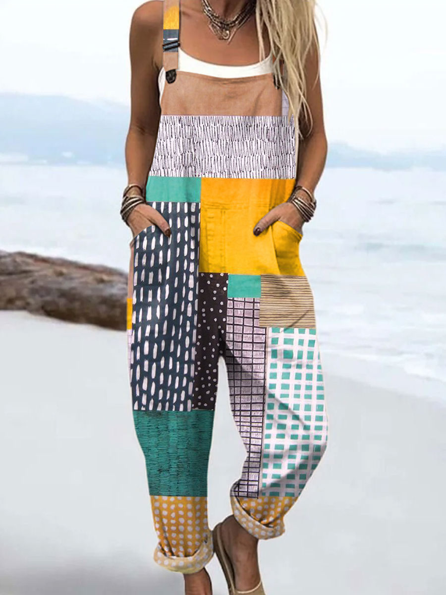 Women's  Vintage Abstract Geometry Art Print Casual 100% Cotton Wide Leg Jumpsuit