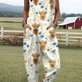 Women's  Farm Highland Cattle Floral Art Print Casual 100% Cotton Wide Leg Jumpsuit