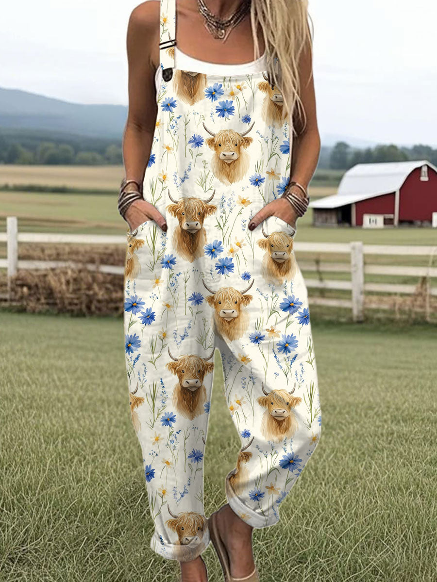 Women's  Farm Highland Cattle Floral Art Print Casual 100% Cotton Wide Leg Jumpsuit