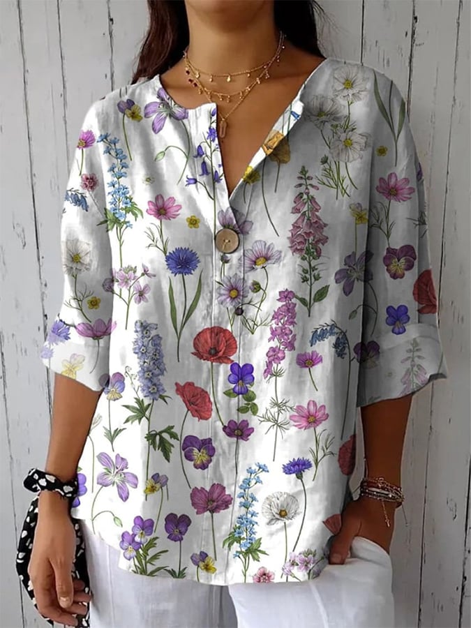 Women's Spring Botanical Garden Pattern Printed Women's Casual Cotton Linen Shirt