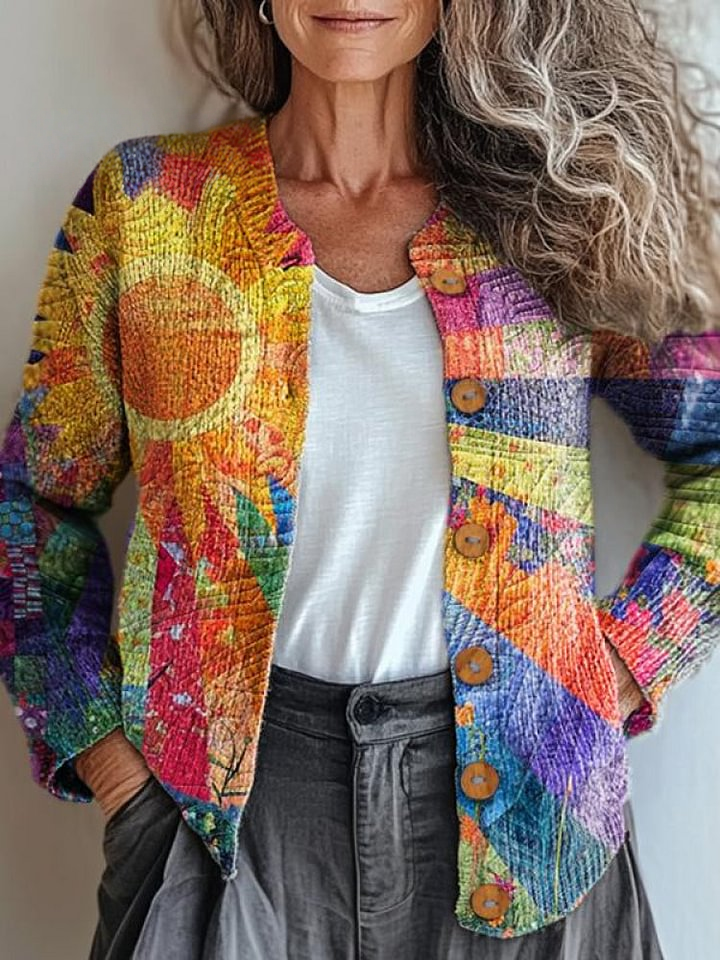Vintage Colorful Collage Print Buttoned Cardigan Sweater