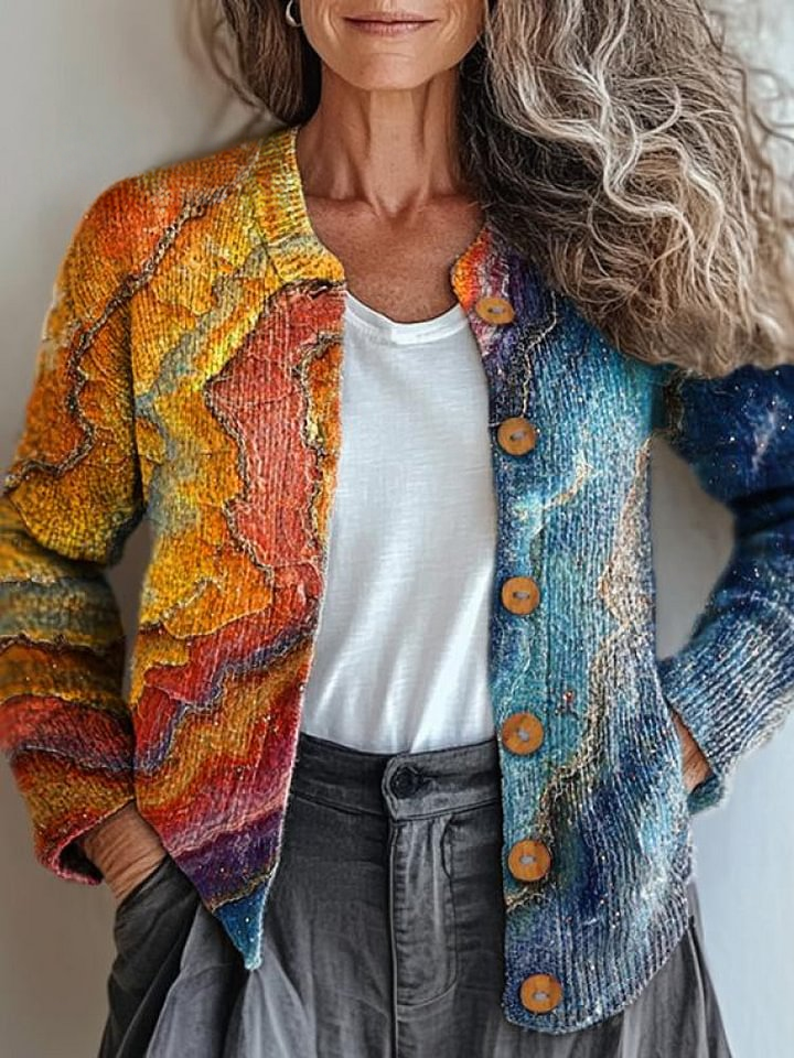 Vintage Colorful Collage Print Buttoned Cardigan Sweater