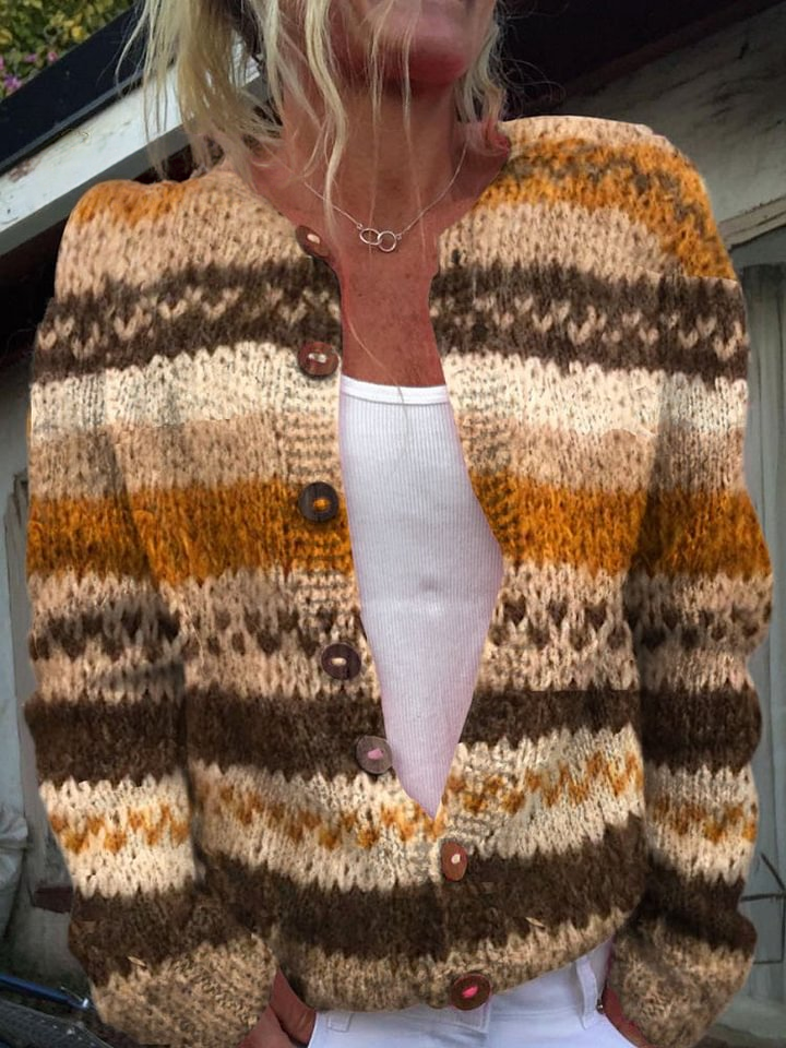 Striped Colour Block Print Buttoned Cardigan Sweater