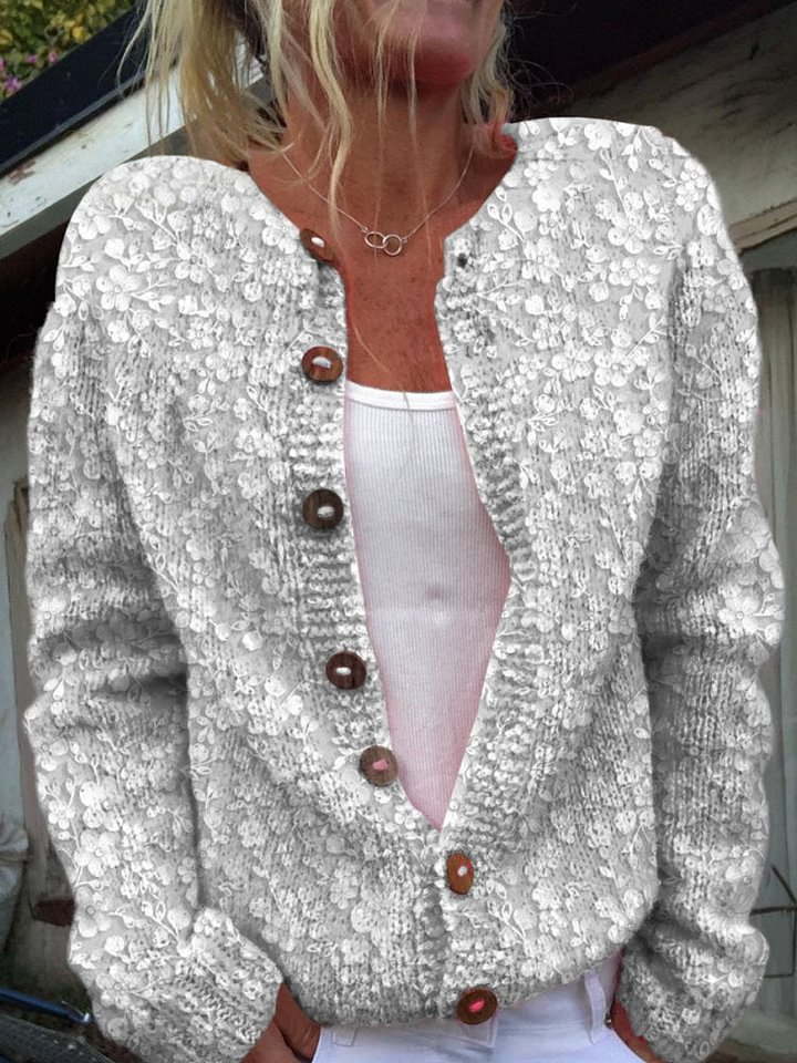Small White Flowers In Retro Relief Print Buttoned Cardigan Sweater