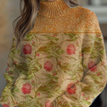 Flowers Art Print Knit Turtleneck Pullover Sweater