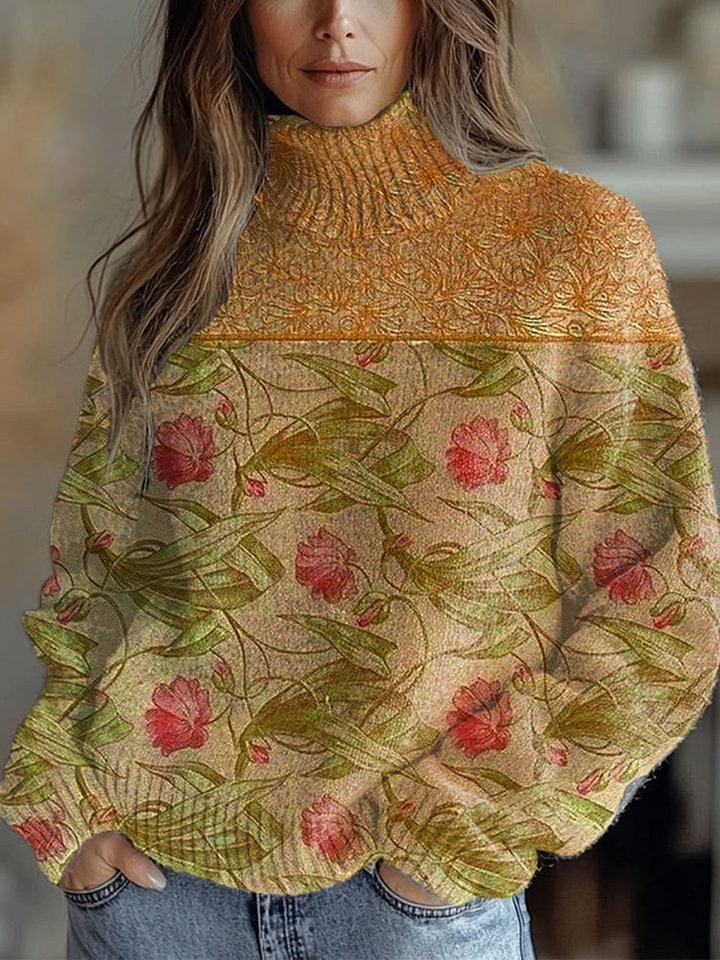 Flowers Art Print Knit Turtleneck Pullover Sweater