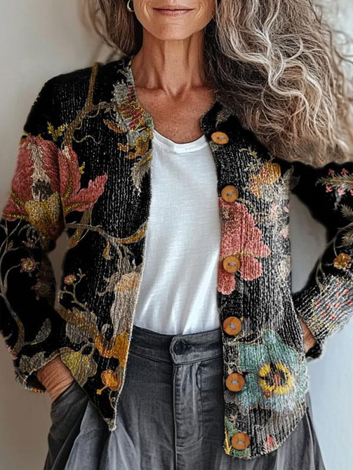 Vintage Flowers Print Buttoned Cardigan Sweater