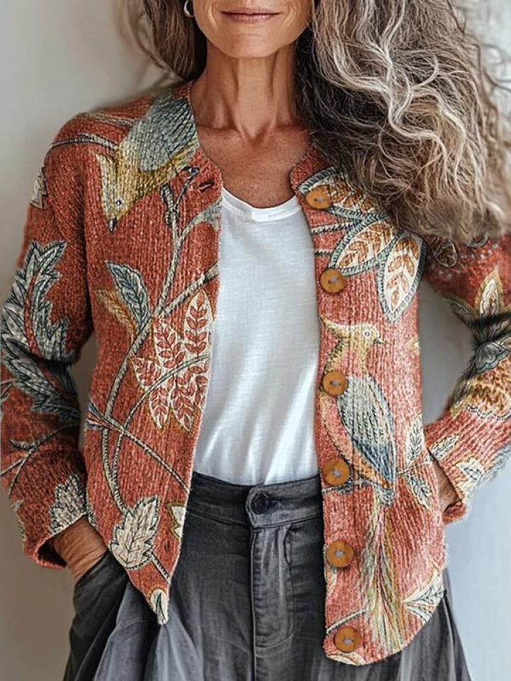 Vintage Flower Print Buttoned Cardigan Sweater