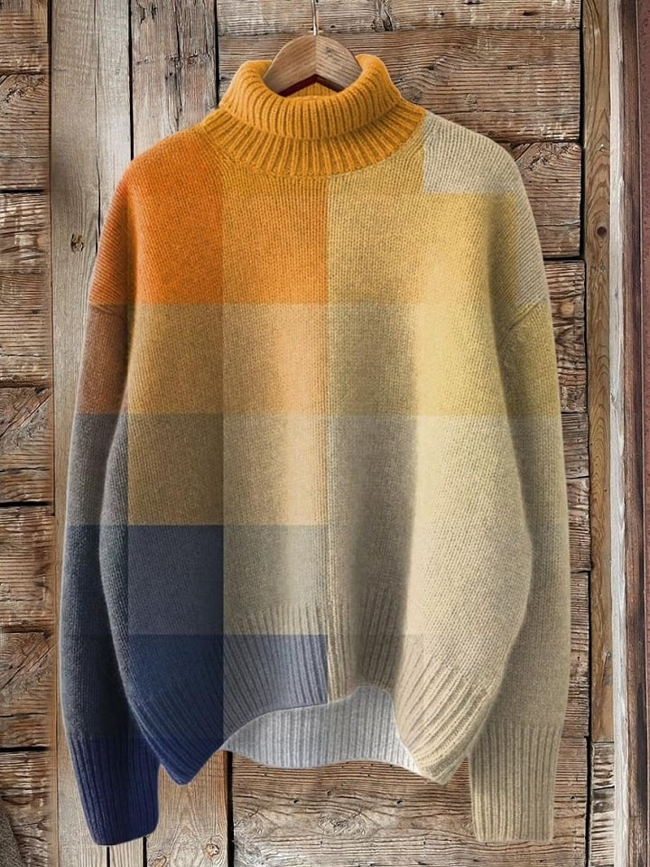 Grid Gradient Mosaic Print Knit Turtleneck Pullover Sweater