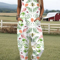 Women's Vintage Bee Floral Art Print Casual 100% Cotton Wide Leg Jumpsuit
