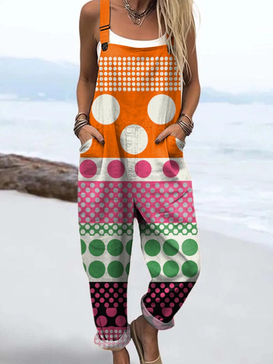 Women's Abstract Geometric Pattern Art Print Casual 100% Cotton Wide Leg Jumpsuit