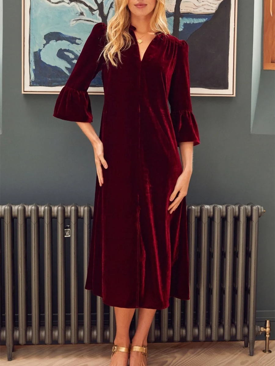 Women's Elegant V-neck Velvet Strap Midi Dress