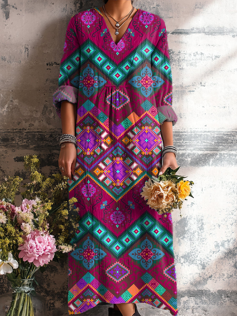 Women's Colorful Ethnic Rhombus Geometric Floral Art Print Dress
