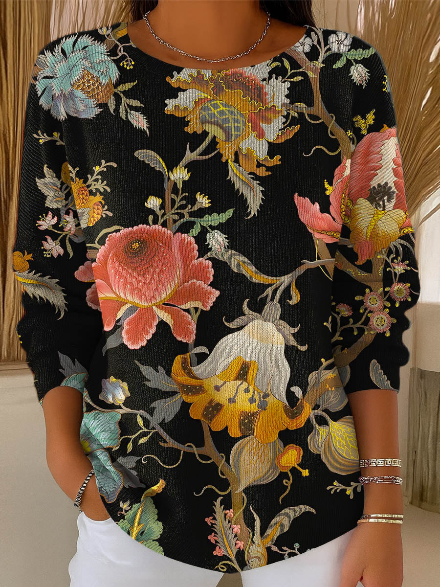 Women's Vintage Floral Pattern Art Print Casual Pullover Sweater