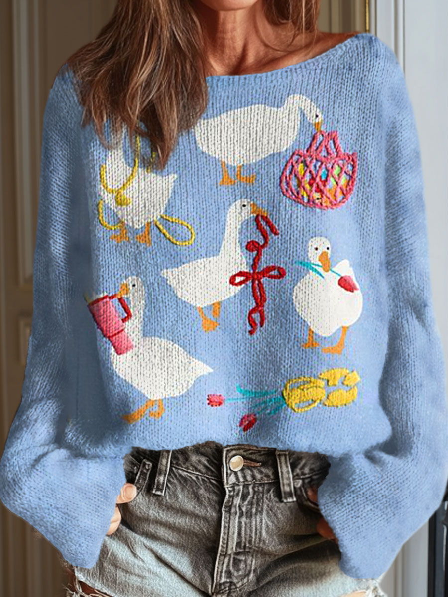 womens-funny-goose-art-print-casual-pullover-sweater