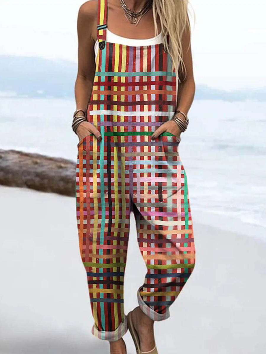 Women's Geometric Pattern Art Print Casual 100% Cotton Wide Leg Jumpsuit