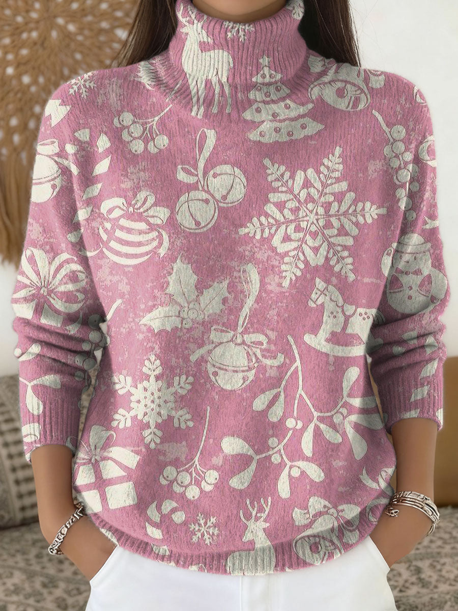 Women's Christmas Pattern Art Print Knit Turtleneck Pullover Sweater