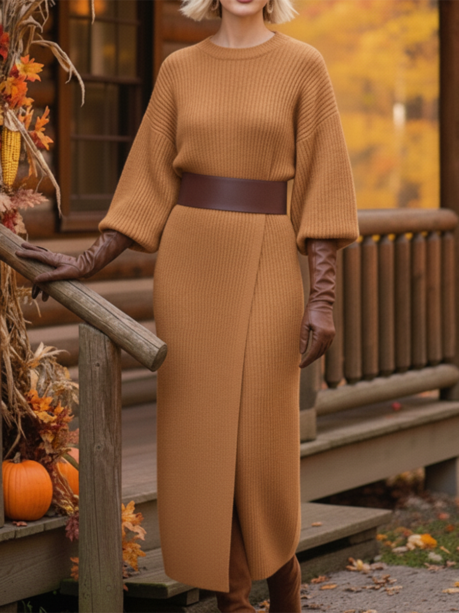 Elegant Solid Color Slit Round Neck Wool Knitted Midi Dress