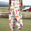 Women's Art Colourful Abstract Cartoon Cat Print Casual 100% Cotton Wide Leg Jumpsuit