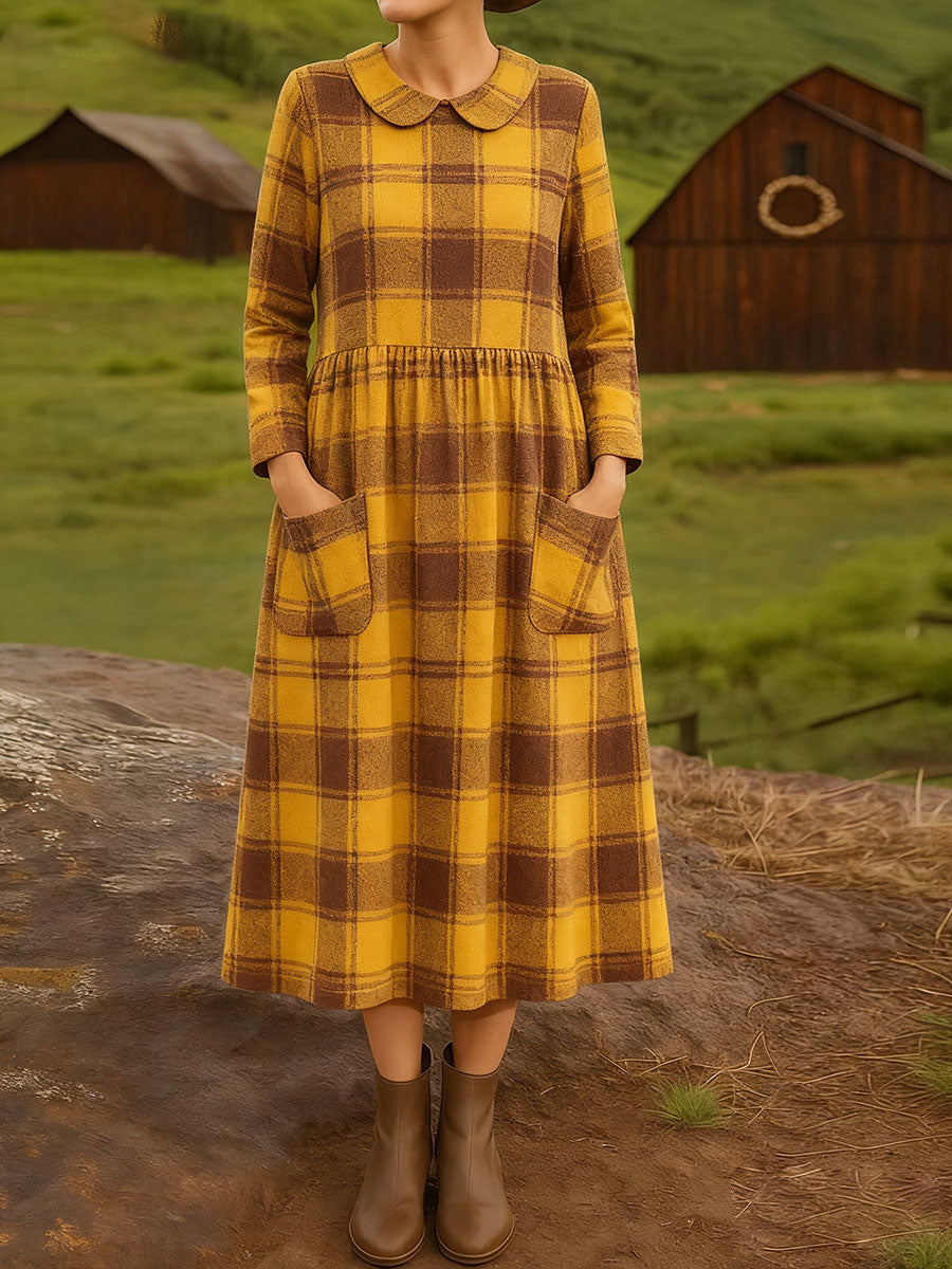 Women's Vintage  Plaid  Art Print Cotton Lapel Button-Down Shirt Dress